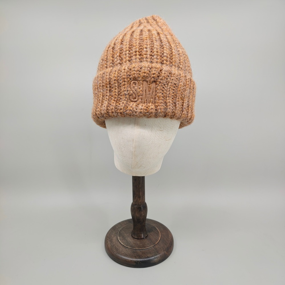 Steve Madden Camel Mult Ribbed Knit Beanie Hat Metallic Shimmer Logo OS NWT
